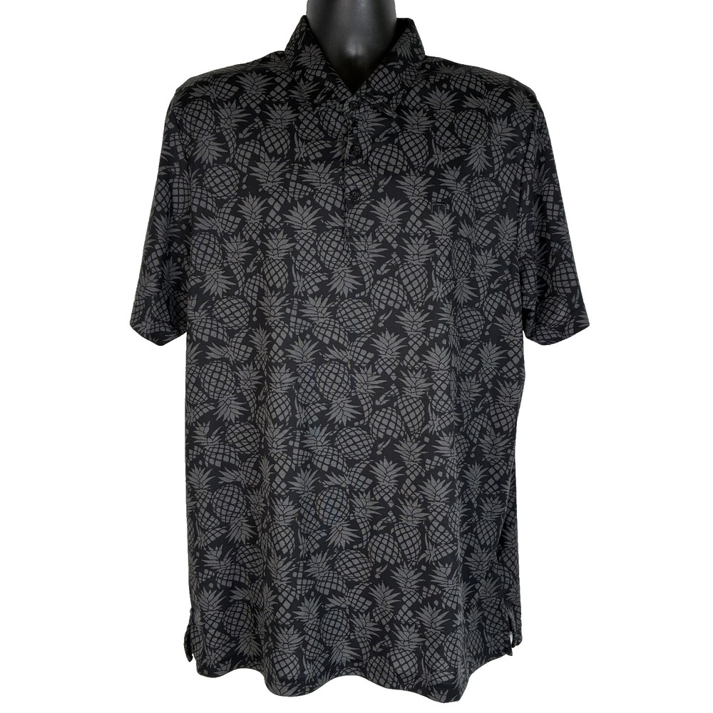 Travis Mathew Men's Golf Polo Shirt Black‎ Size XL Pineapple Print Short Sleeve